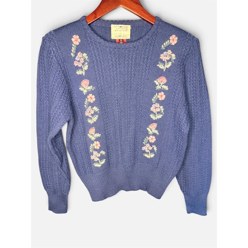 Vintage 80s Susan Bristol Hand-Embroidered 100% Pure Wool Cottagecore Sweater